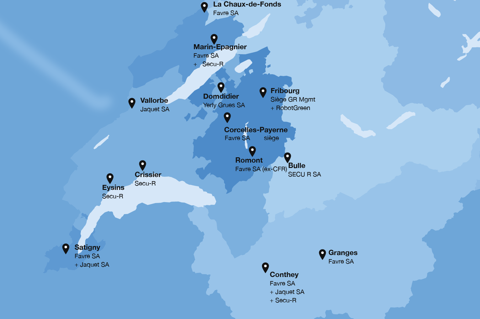 Carte des sites du Groupe R en Suisse romande